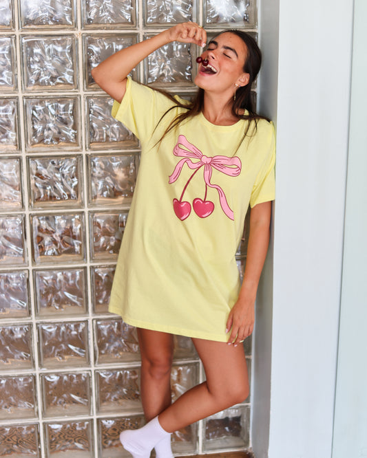 Cherry Bow Night Shirt in Butter Yellow