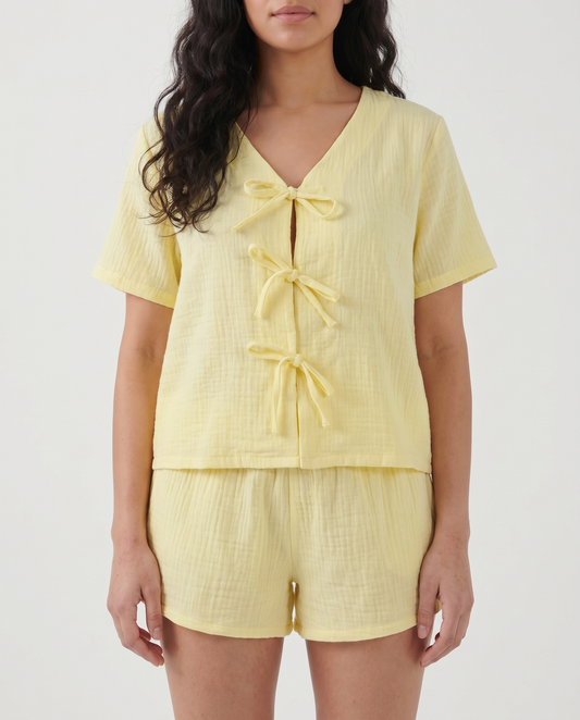 Tie-Front Baby Cotton PJ Set in Butter Yellow