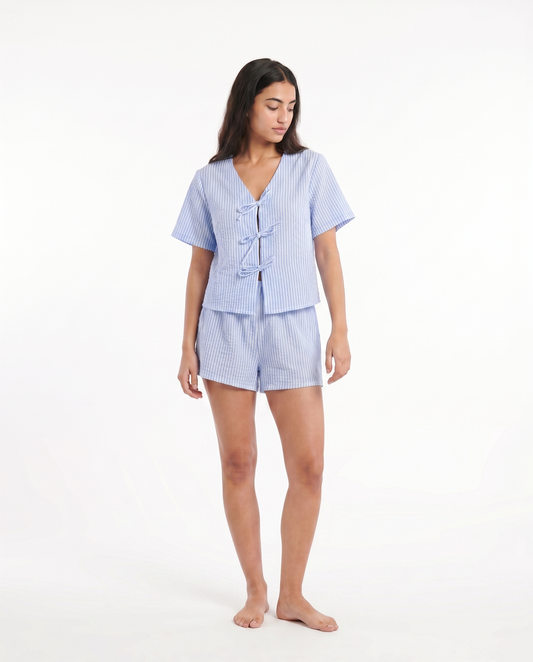 Tie-Front Baby Cotton PJ Set – Blue Stripe