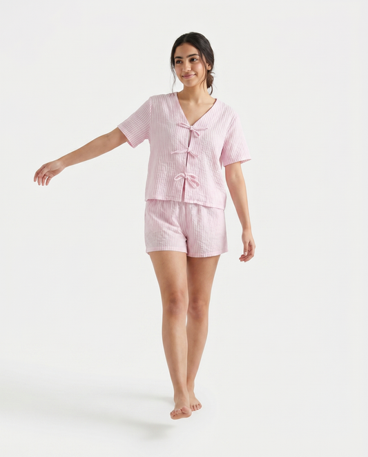 Tie-Front Baby Cotton PJ Set in Blush Stripe