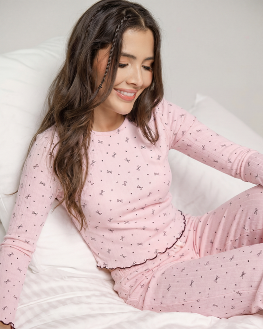 The Blush Bow Print Cotton Pajama Set – Pink