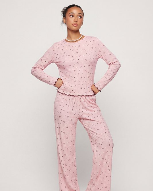 The Blush Bow Print Cotton Pajama Set – Pink