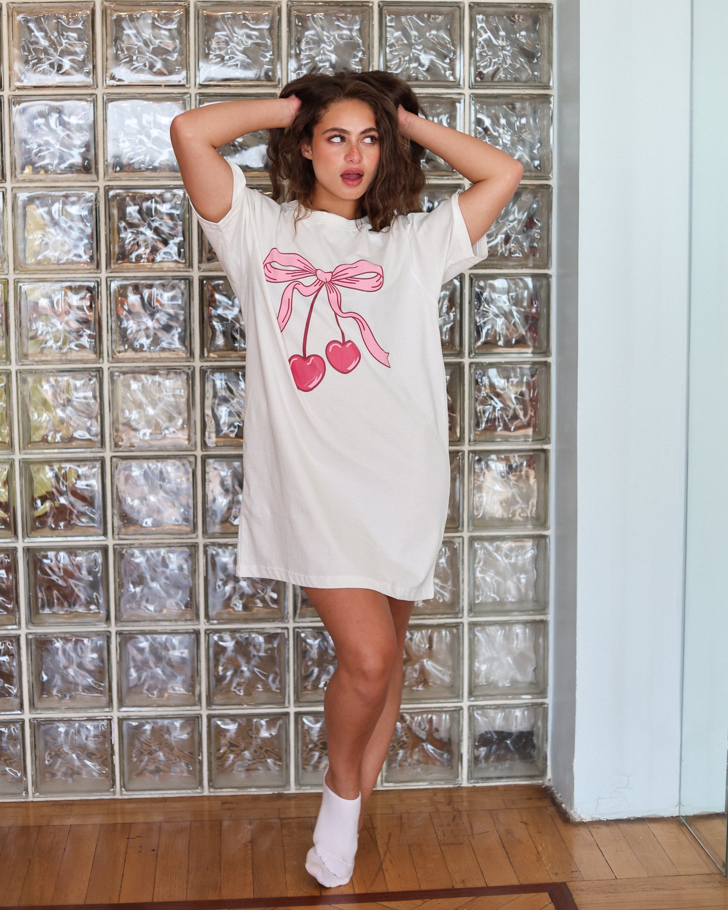 Cherry Bow Night Shirt in Off White