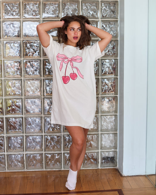 Cherry Bow Night Shirt in Off White
