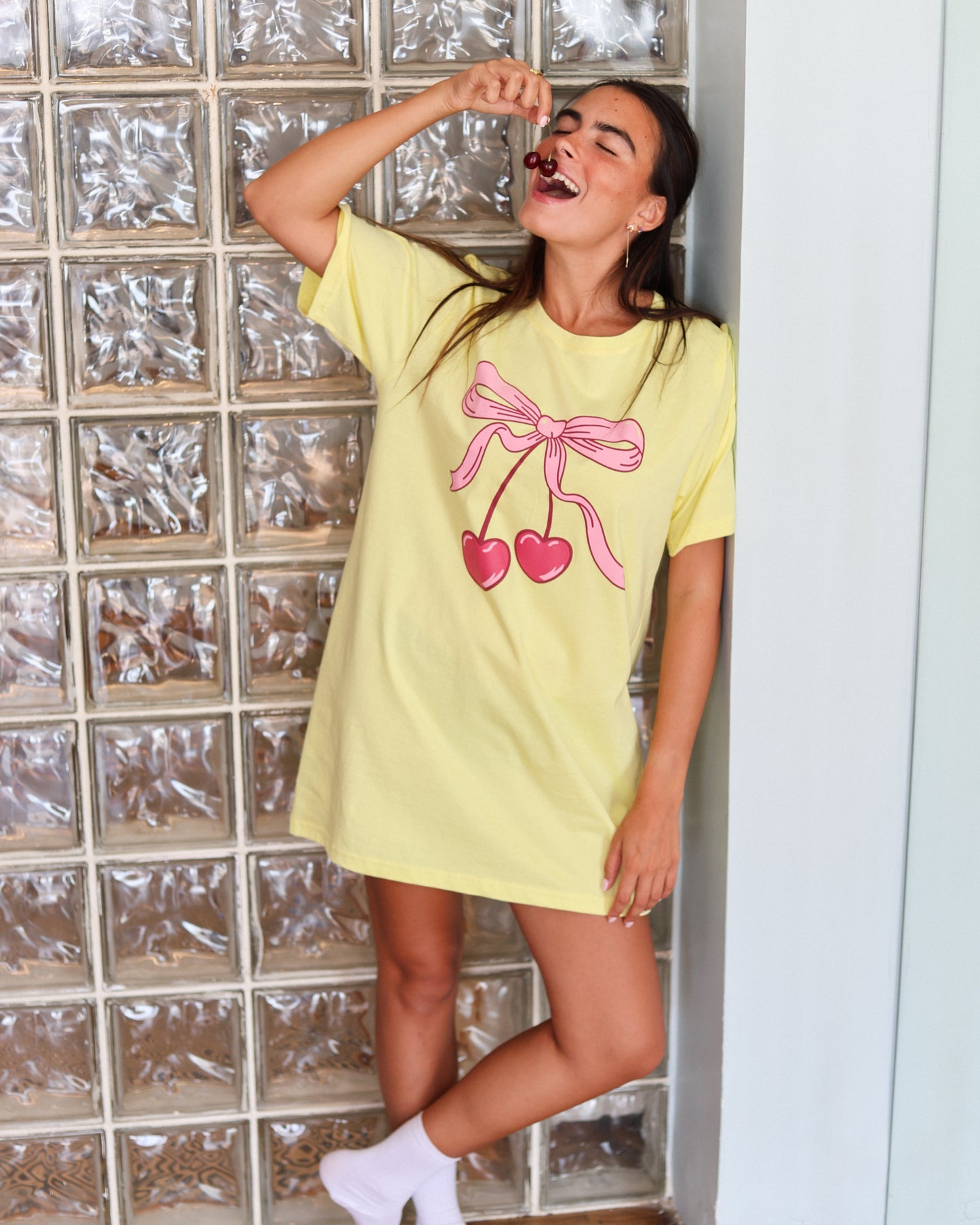 Cherry Bow Night Shirt in Butter Yellow