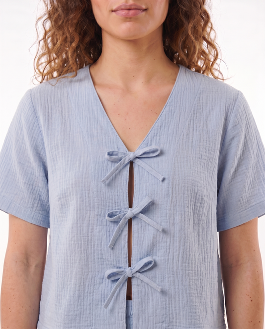 Tie-Front Baby Cotton PJ Set in Powder Blue