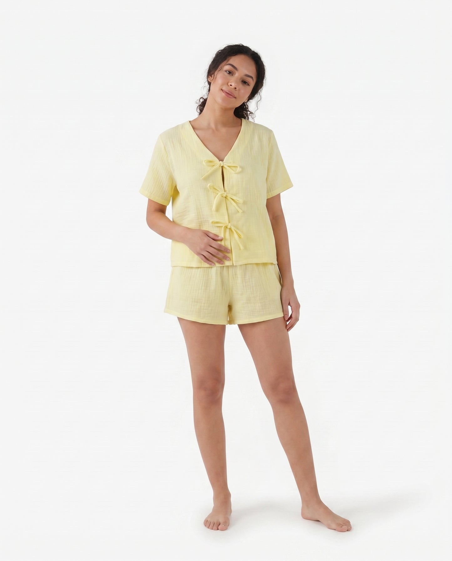 Tie-Front Baby Cotton PJ Set  in Butter Yellow