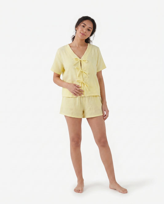 Tie-Front Baby Cotton PJ Set  in Butter Yellow