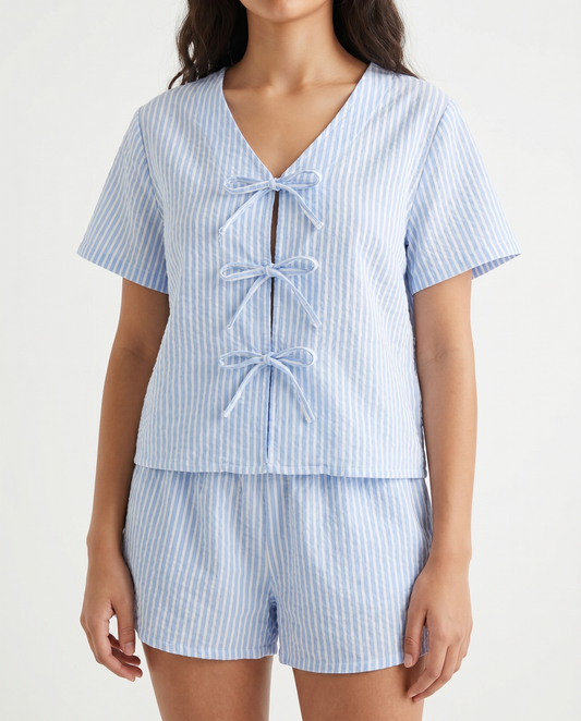 Tie-Front Baby Cotton PJ Set – Blue Stripe