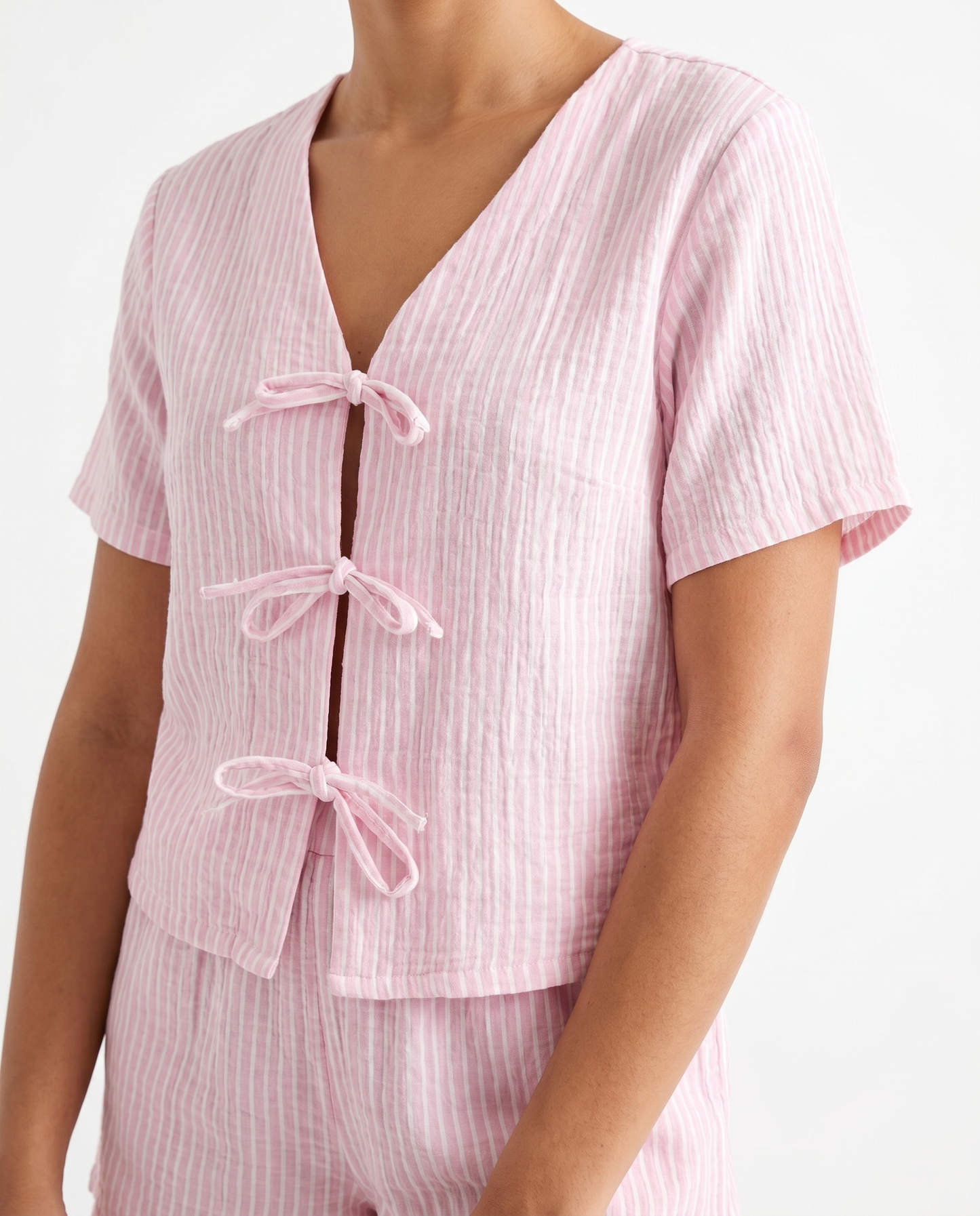 Tie-Front Baby Cotton PJ Set in Blush Stripe