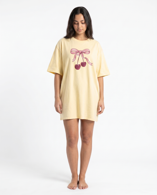 Cherry Bow Night Shirt in Butter Yellow